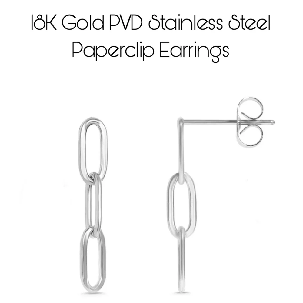 18K White Gold PVD Stainless Steel Paperclip Earrings With Post 👀 - Picture 1 of 10